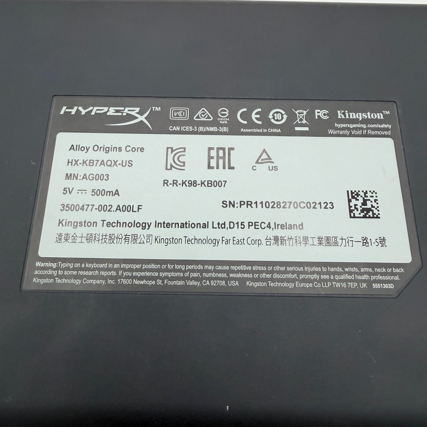Kingston HyperX Alloy Origins Core TKL Wired Mechanical Gaming Keyboard
