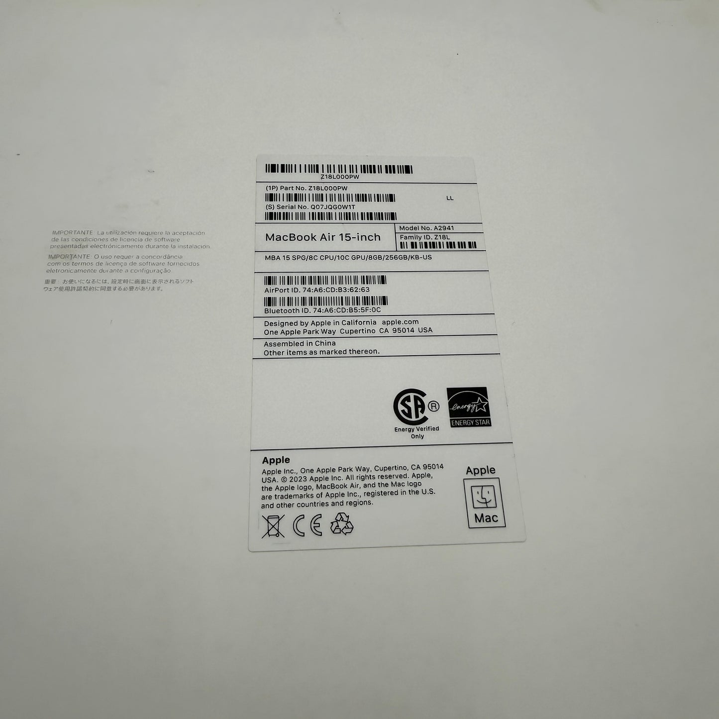 Apple MacBook Air 15" A2941 2023 Space Gray 256GB 8GB RAM M2