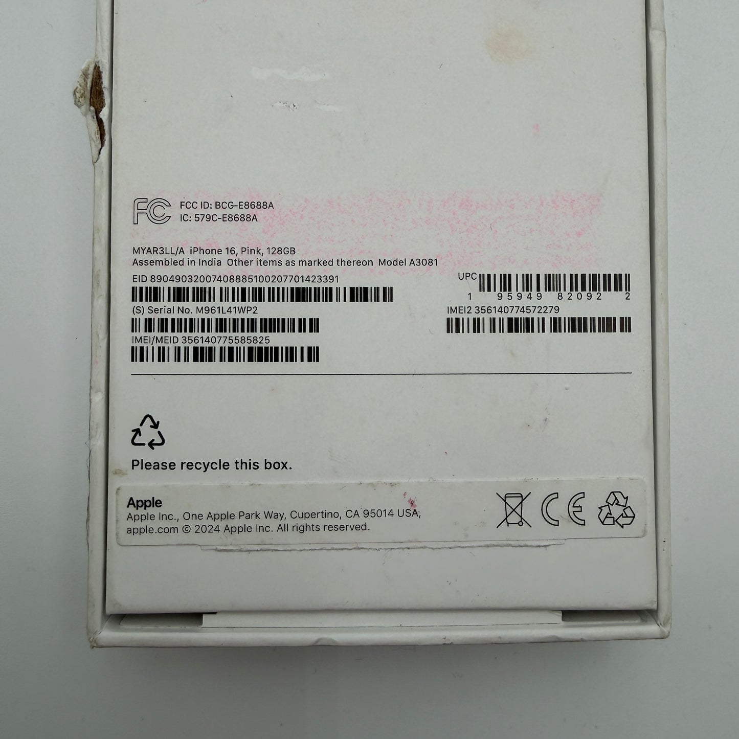 Apple iPhone 16 128GB Pink AT&T New Open Box 0 Cycle Count