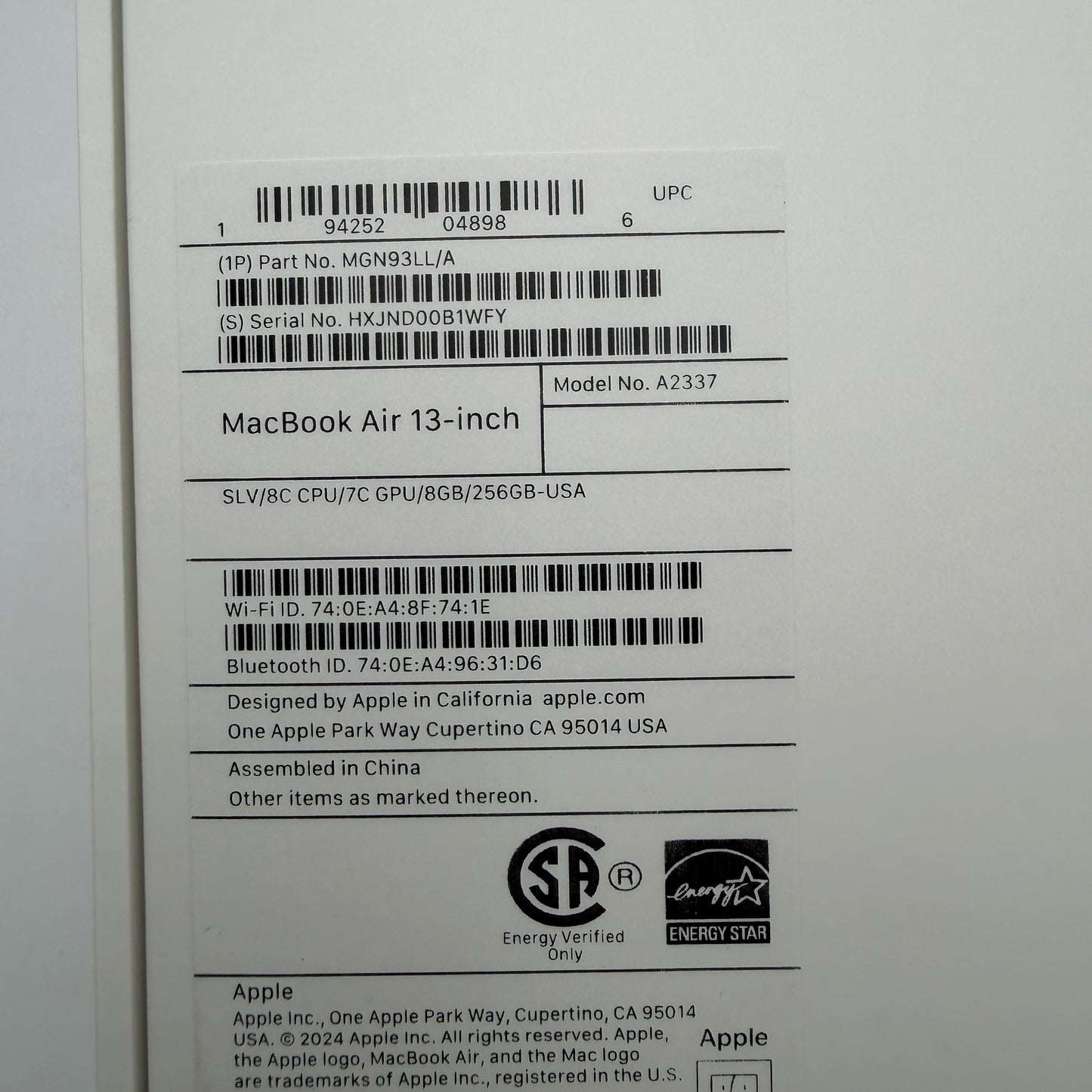 Apple MacBook Air 13" A2337 M1 2020 8GB RAM 256GB Silver With Box