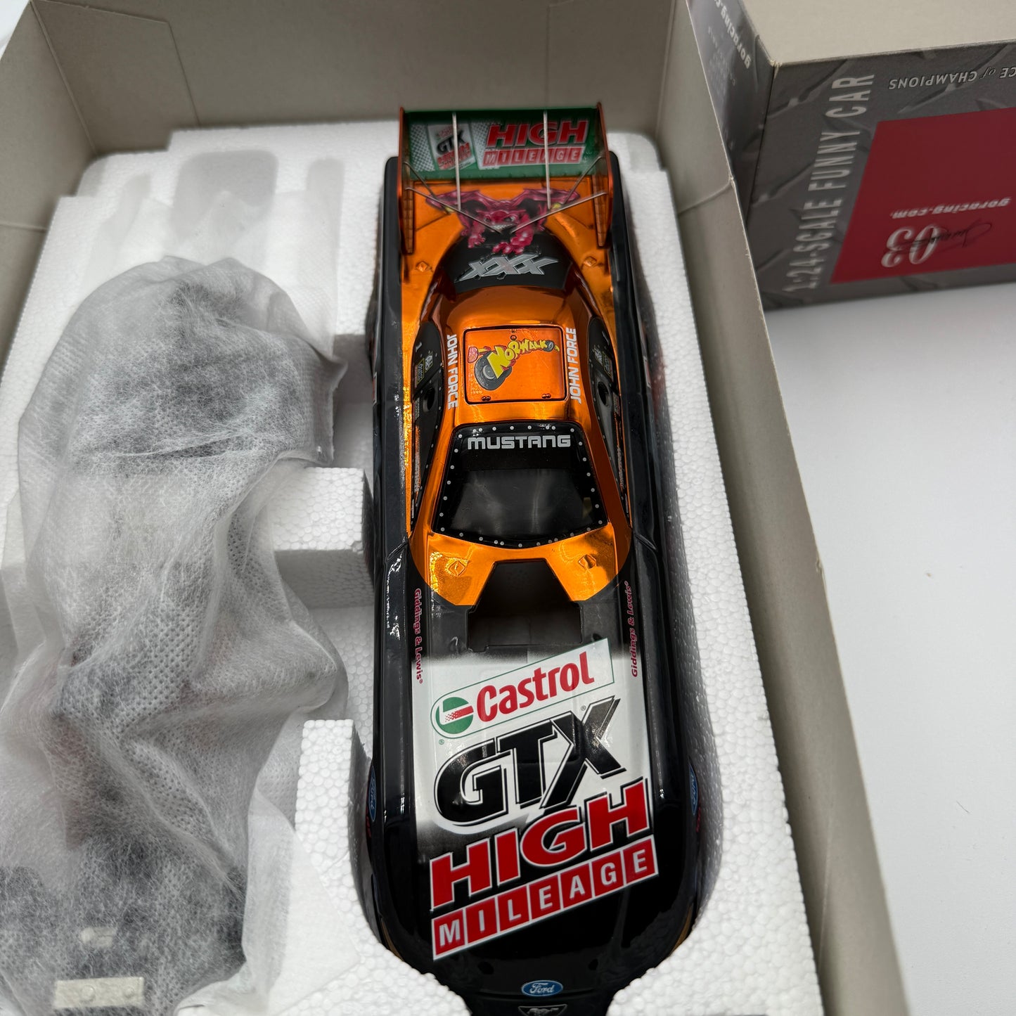 Action Racing John Force Castrol GTX High Mileage / Norwalk 2003 Mustang Funny Car 1:24 Diecast Collectible