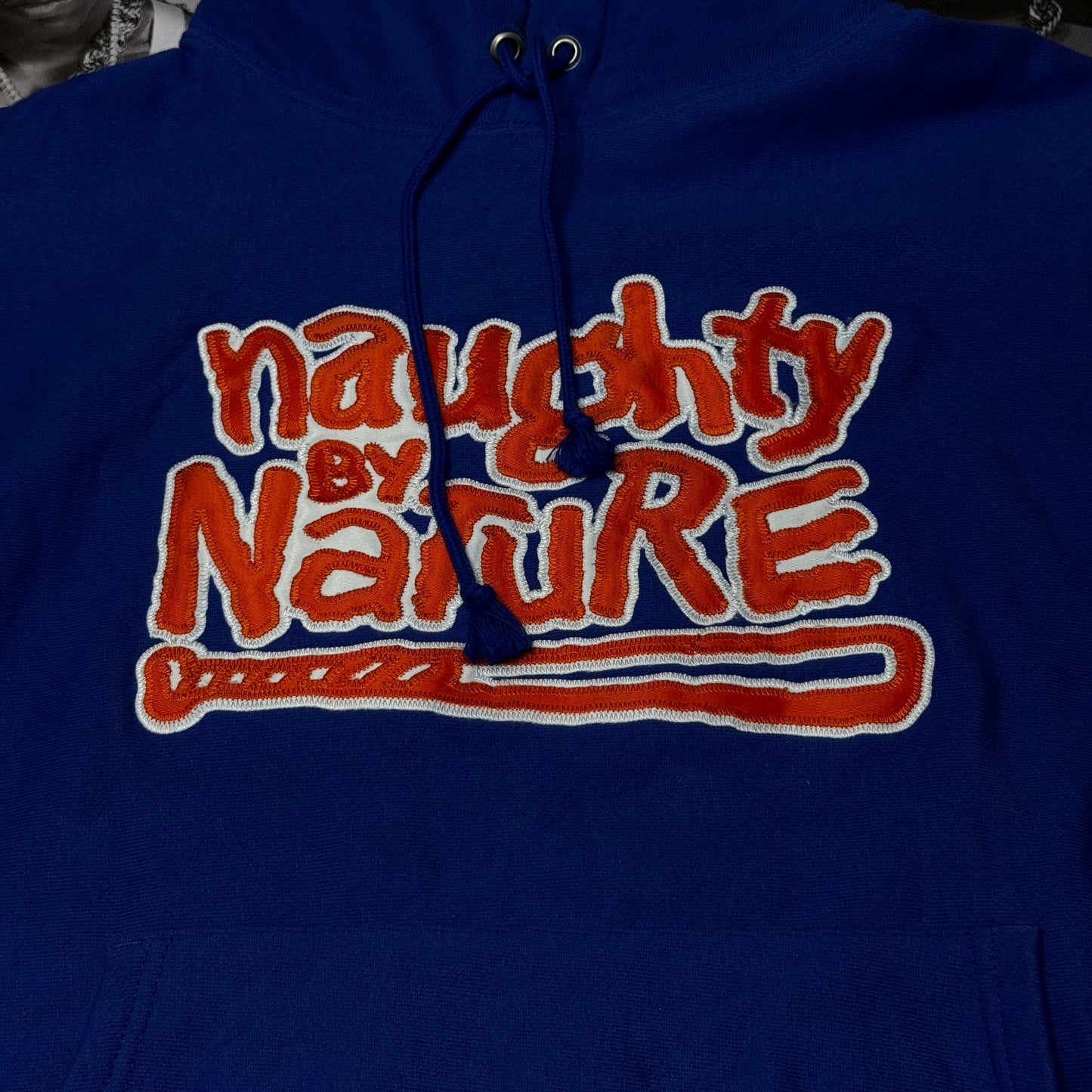 Naughty By Nature x Champion Embroidered Patch Hoodie Blue sz XL