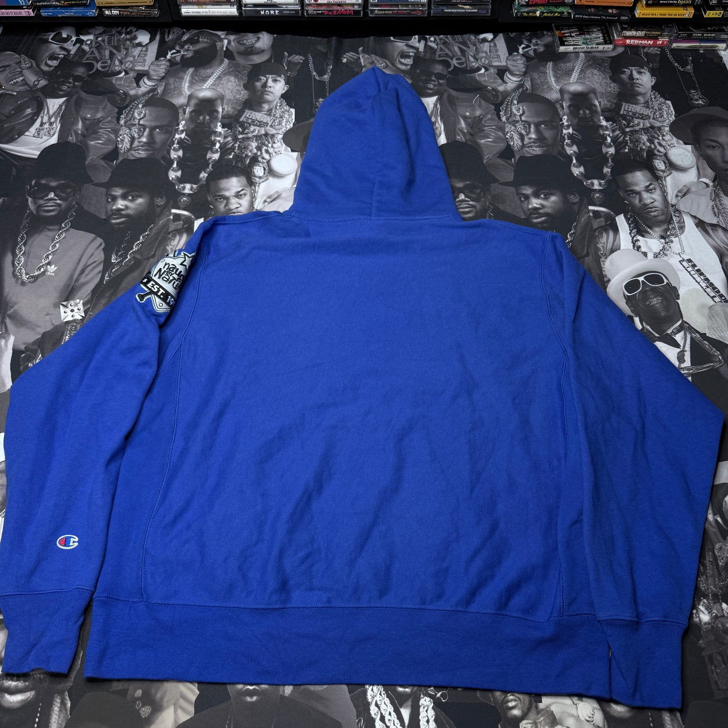 Naughty By Nature x Champion Embroidered Patch Hoodie Blue sz XL