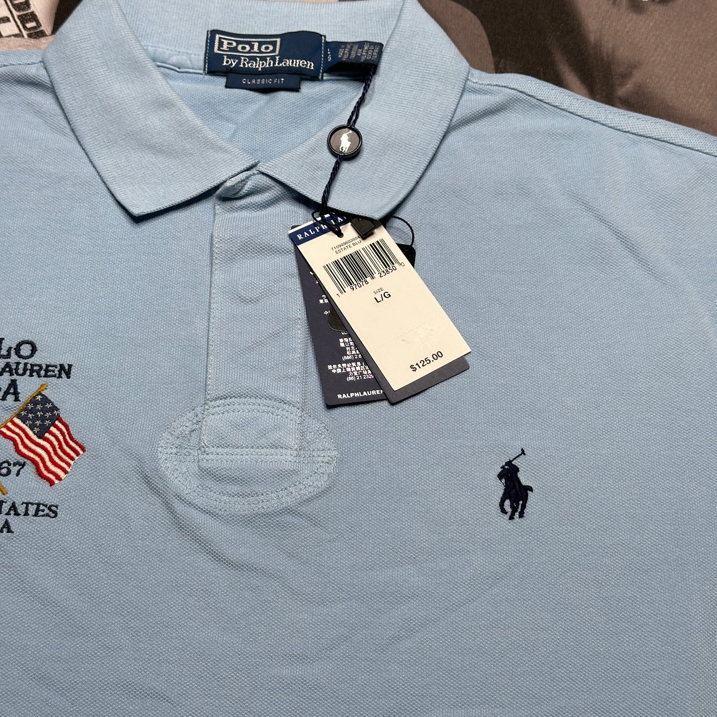 NWT Polo Ralph Lauren Classic Fit Flag-Embroidered Polo Shirt Estate Blue Size Large 710909603004