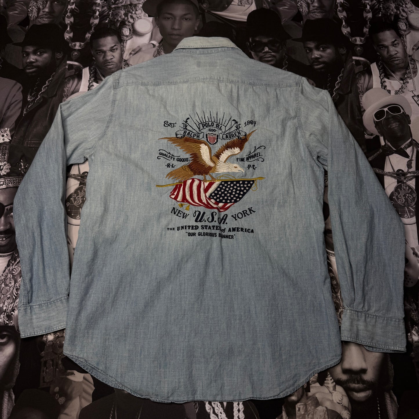 Polo Ralph Lauren Eagle American Flag Embroidered Chambray Button Up Shirt Medium