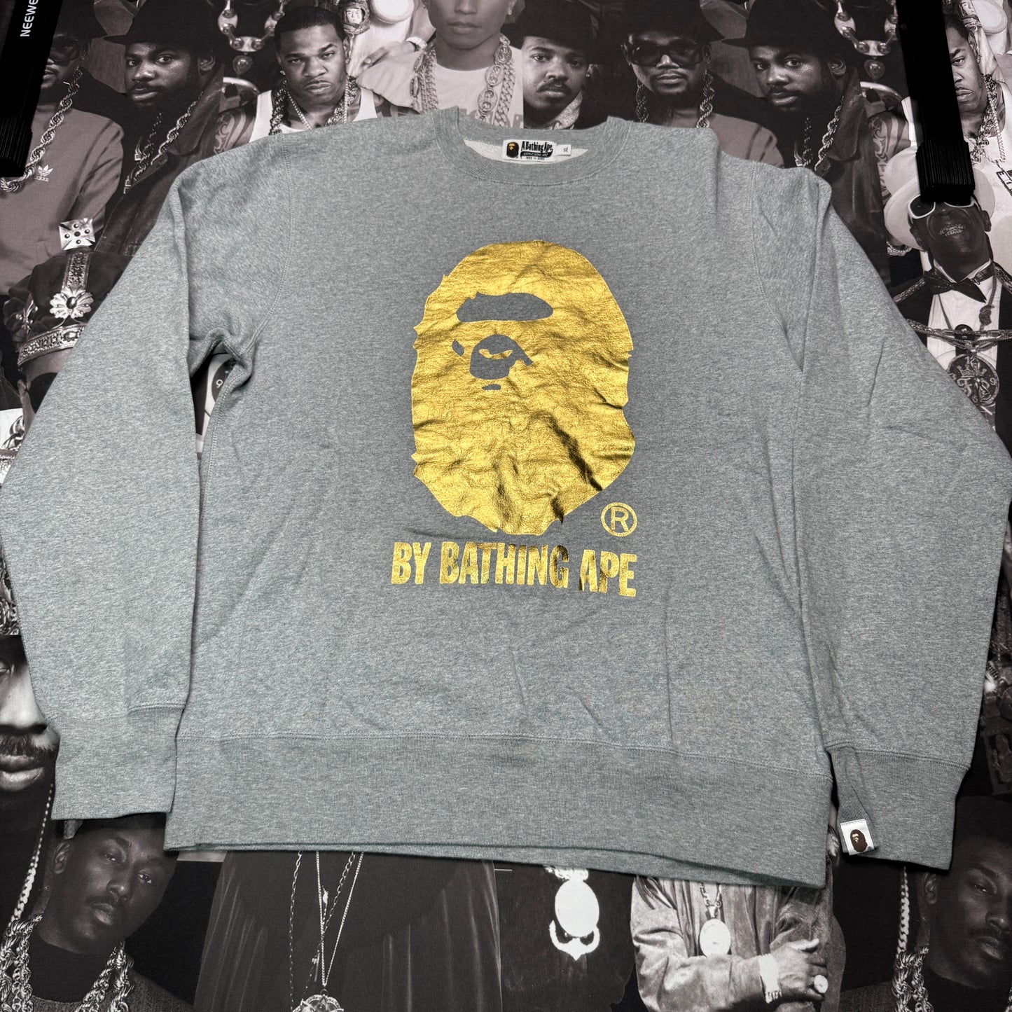 Vintage A Bathing Ape Gold Foil Crewneck Sweatshirt Heather Grey Size XL