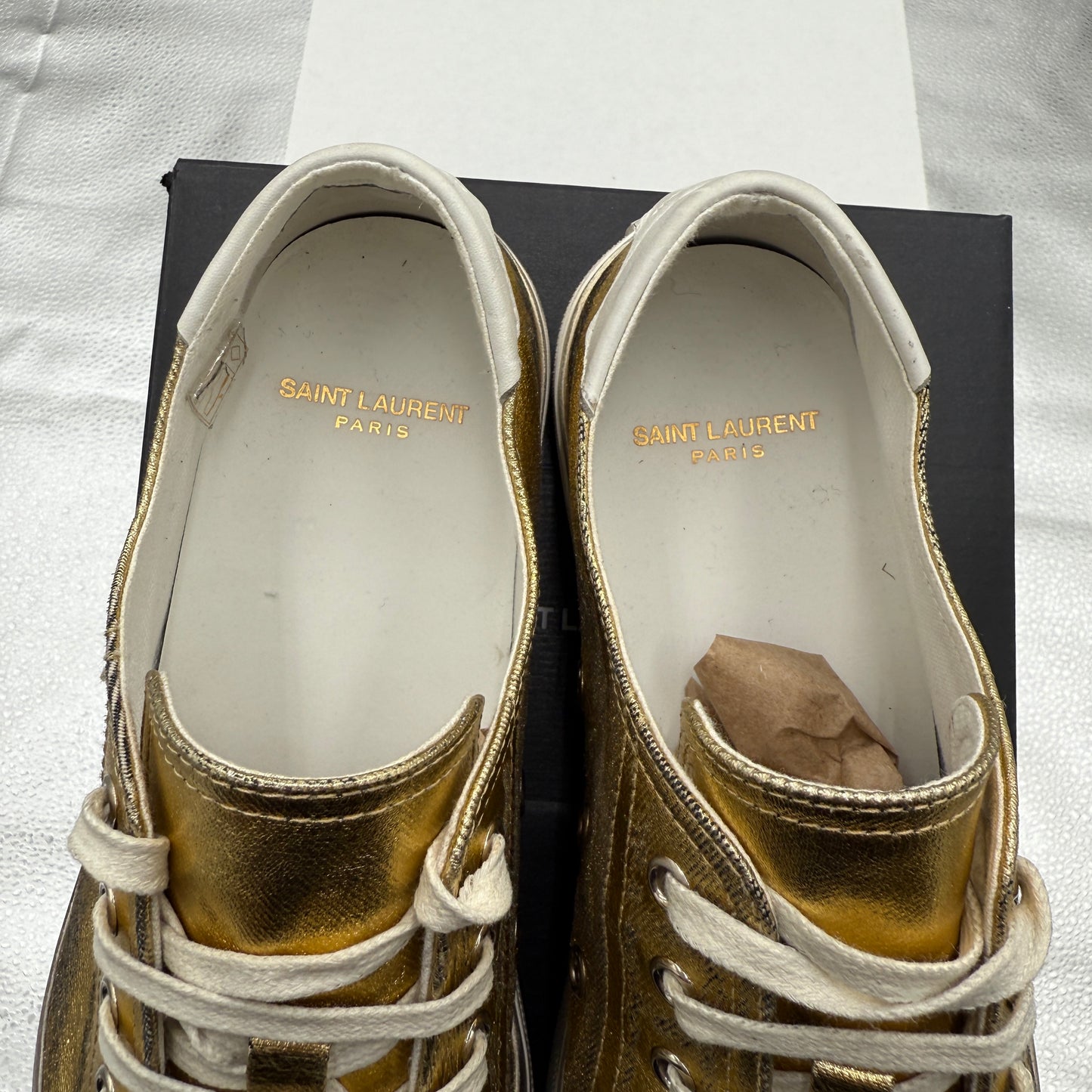 YSL Saint Laurent Bedford Low Distressed Metallic Gold Womens Sneakers Size 41/10.5 us