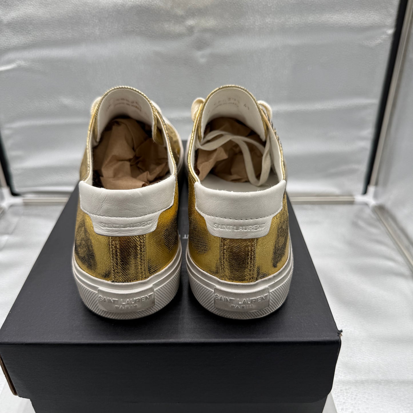 YSL Saint Laurent Bedford Low Distressed Metallic Gold Womens Sneakers Size 41/10.5 us