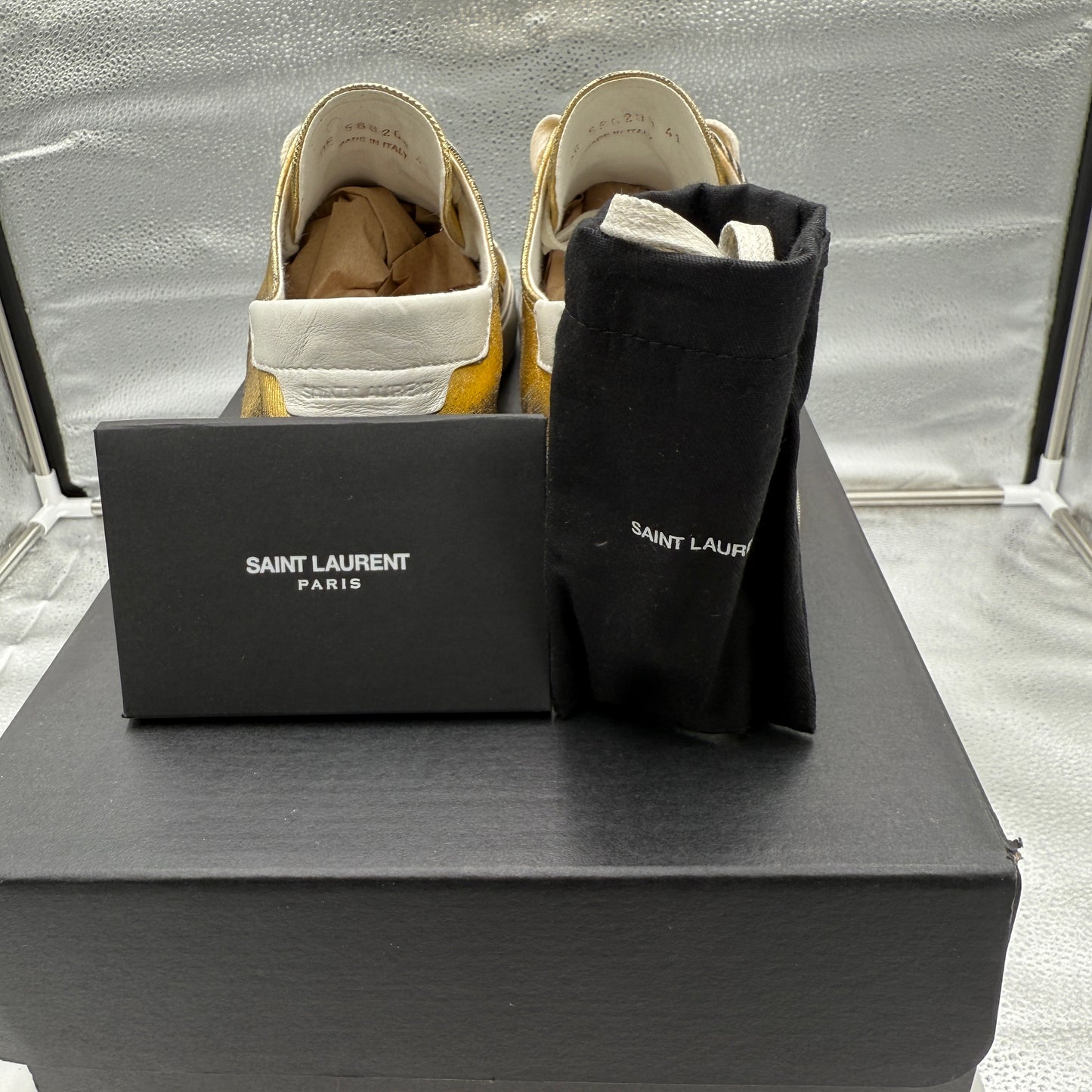 YSL Saint Laurent Bedford Low Distressed Metallic Gold Womens Sneakers Size 41/10.5 us