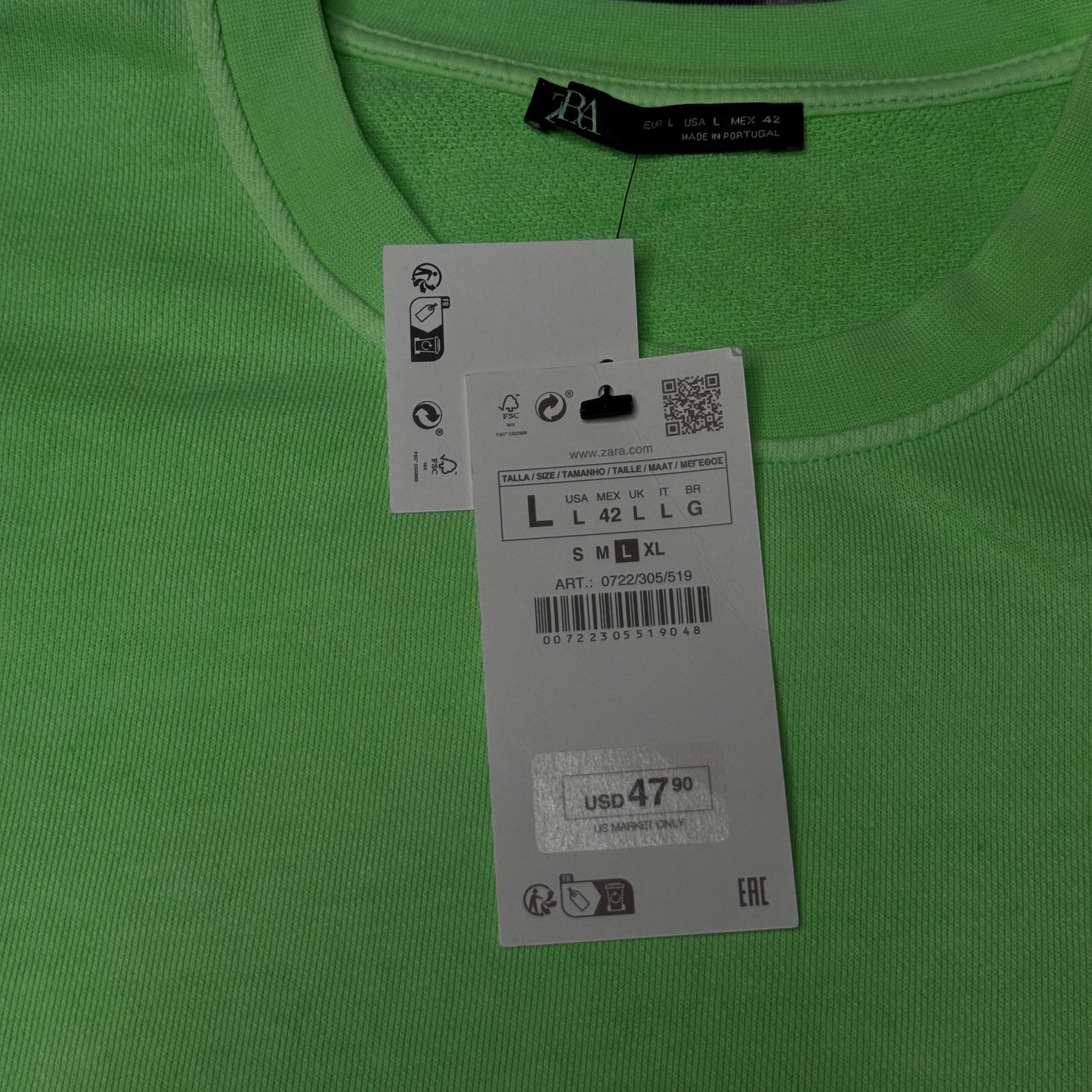 NWT Zara Freyed Sleeves Heavyweight Tee sz L Safety Green