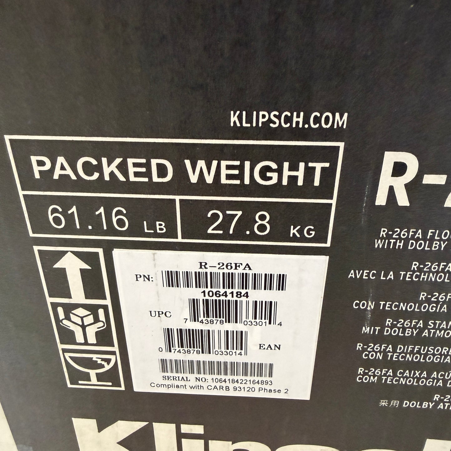 Klipsch R-26FA Floor Standing Speaker Black Used With Box READ