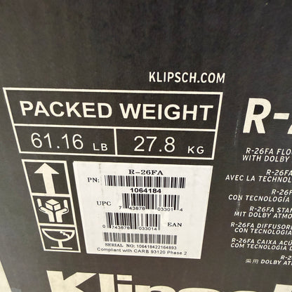Klipsch R-26FA Floor Standing Speaker Black Used With Box READ