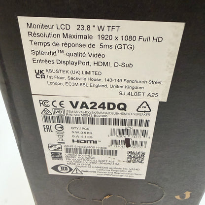 Asus VA24DQ 23.8-inch Widescreen Monitor AMD FreeSync New In Box Black