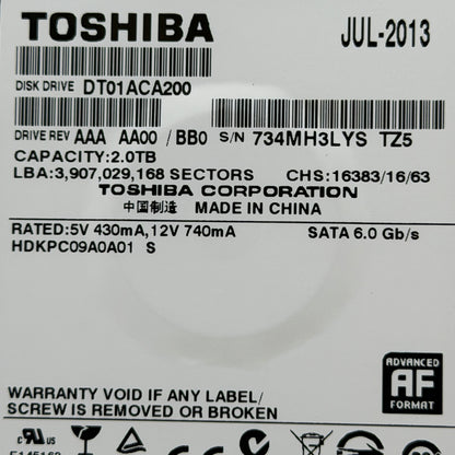 Used Toshiba 3.5" DT01ACA200 2TB SATA III Hard Drive - Silver