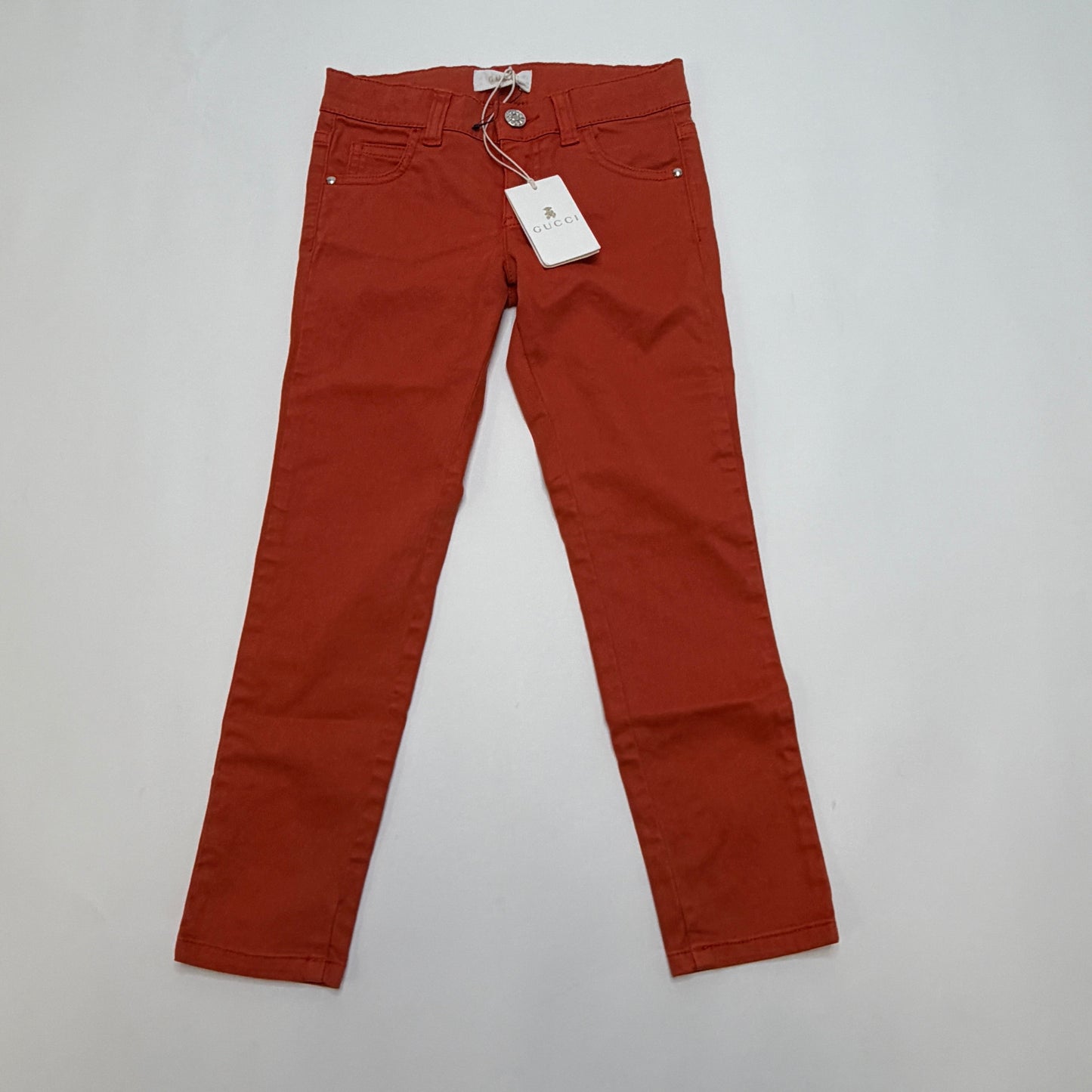 Gucci Kids Girls Jeans Size 5 Rust Orange Skinny Rhinestone Logo NWT Made Italy
