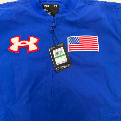 Under Armour Men's Royal Blue Bomber Jacket, Size L, Full Zip, Lined, Flag Patch