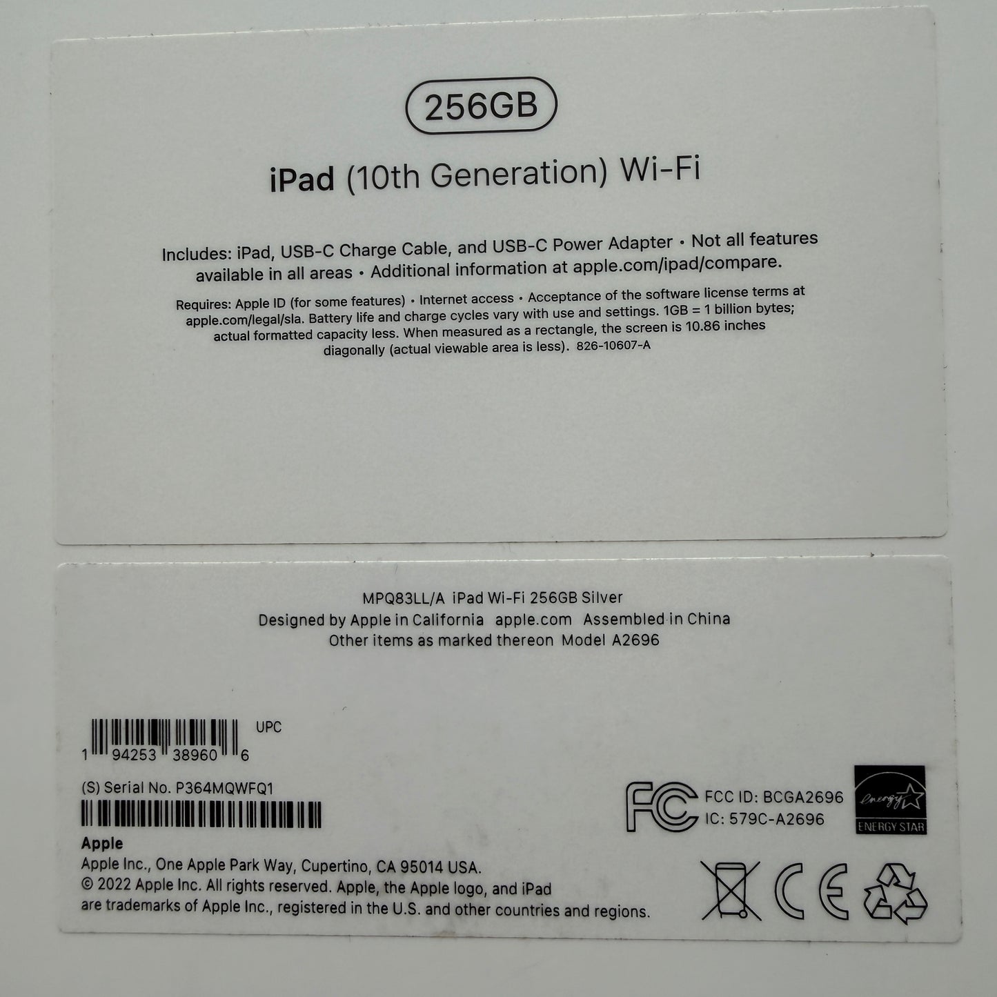 Apple iPad (10th Gen) A2696 256GB Silver With Box