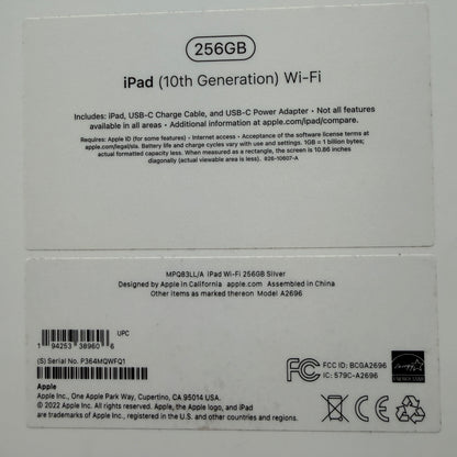 Apple iPad (10th Gen) A2696 256GB Silver With Box
