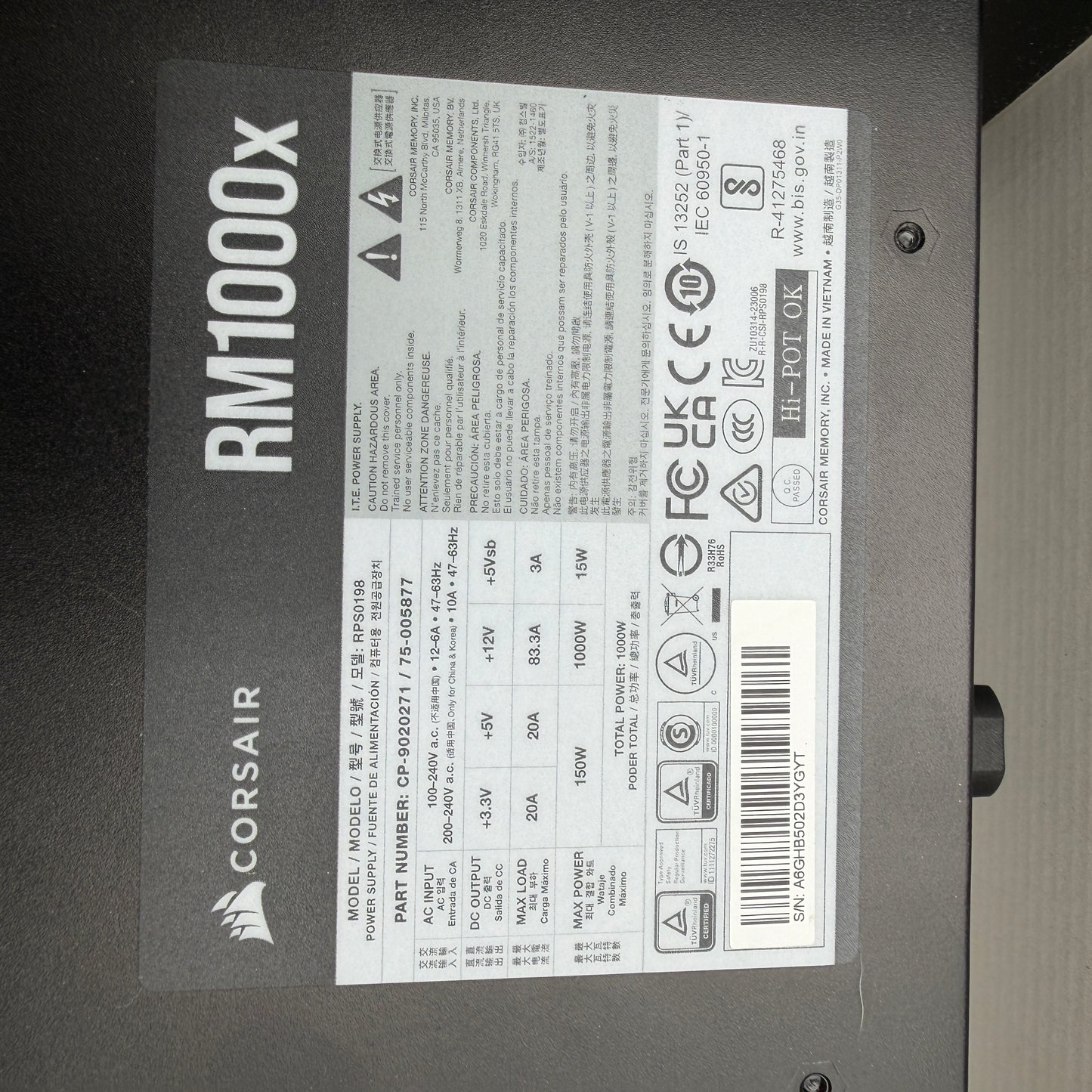 CORSAIR RM1000x 1000W 80+ Gold Certified Fully Modular ATX Power Supply