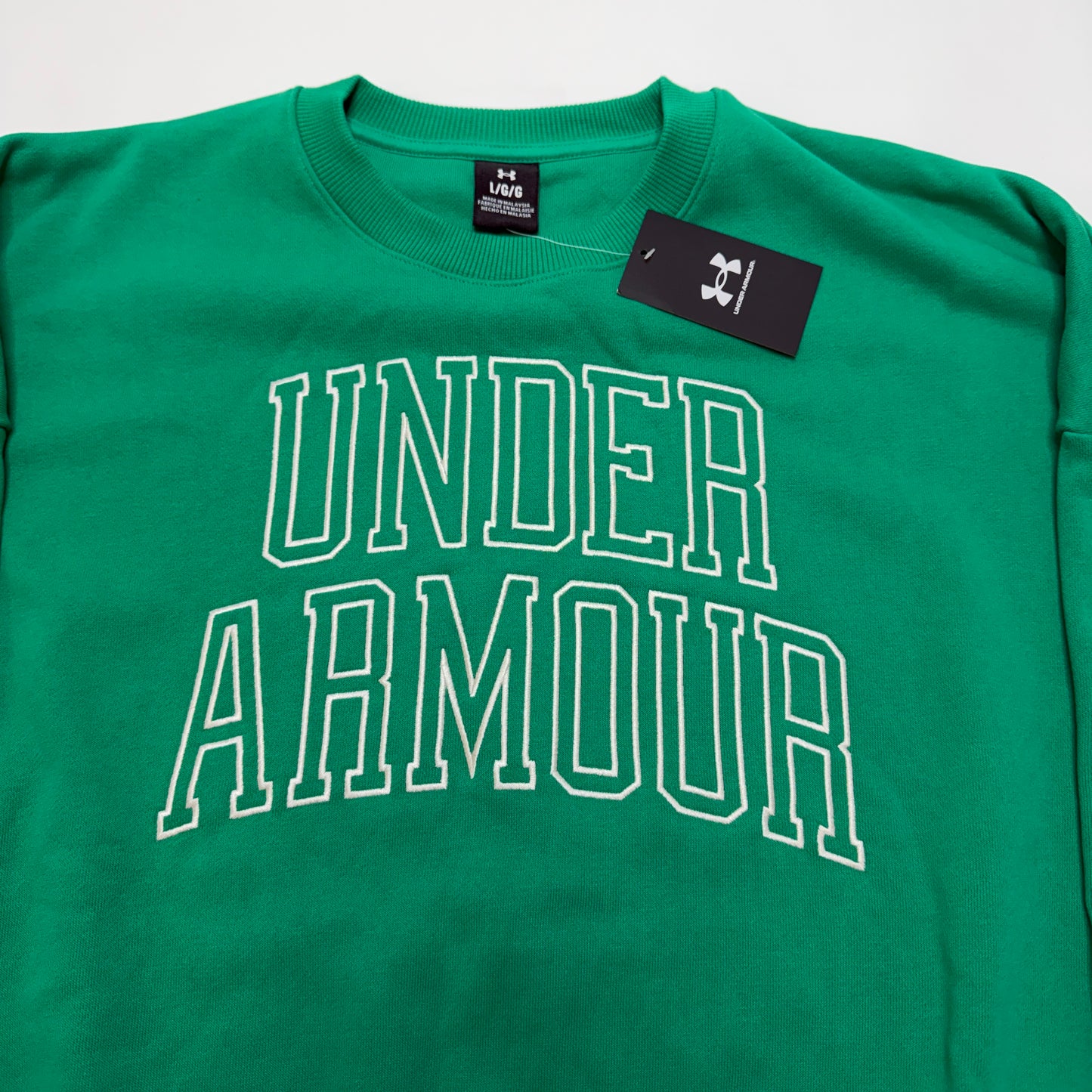 Under Armour Icon Men's Crewneck Sweatshirt - Size L, Green Oversized Terry Spell Out