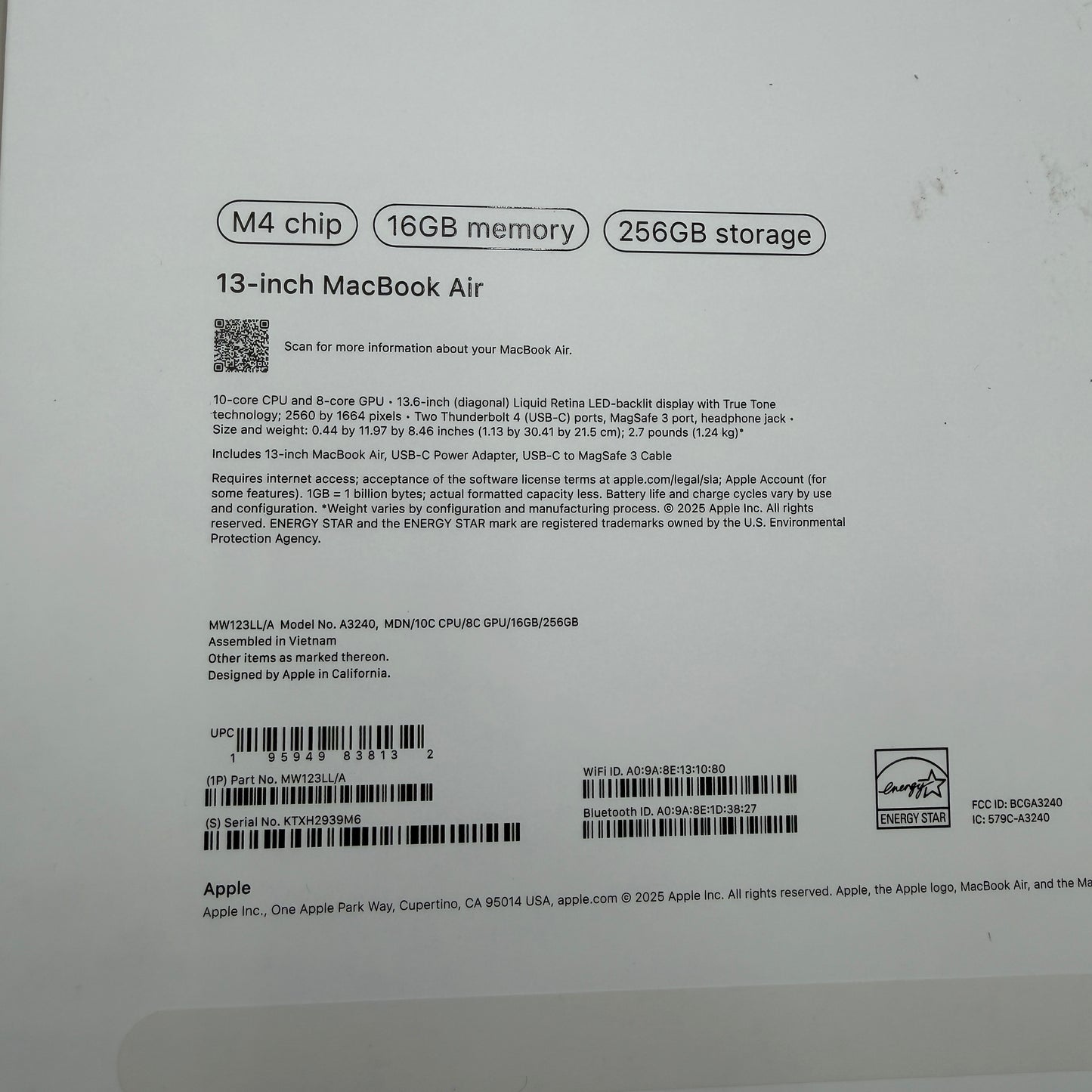 Apple MacBook Air 13-inch M4 2025 16GB 256GB Midnight