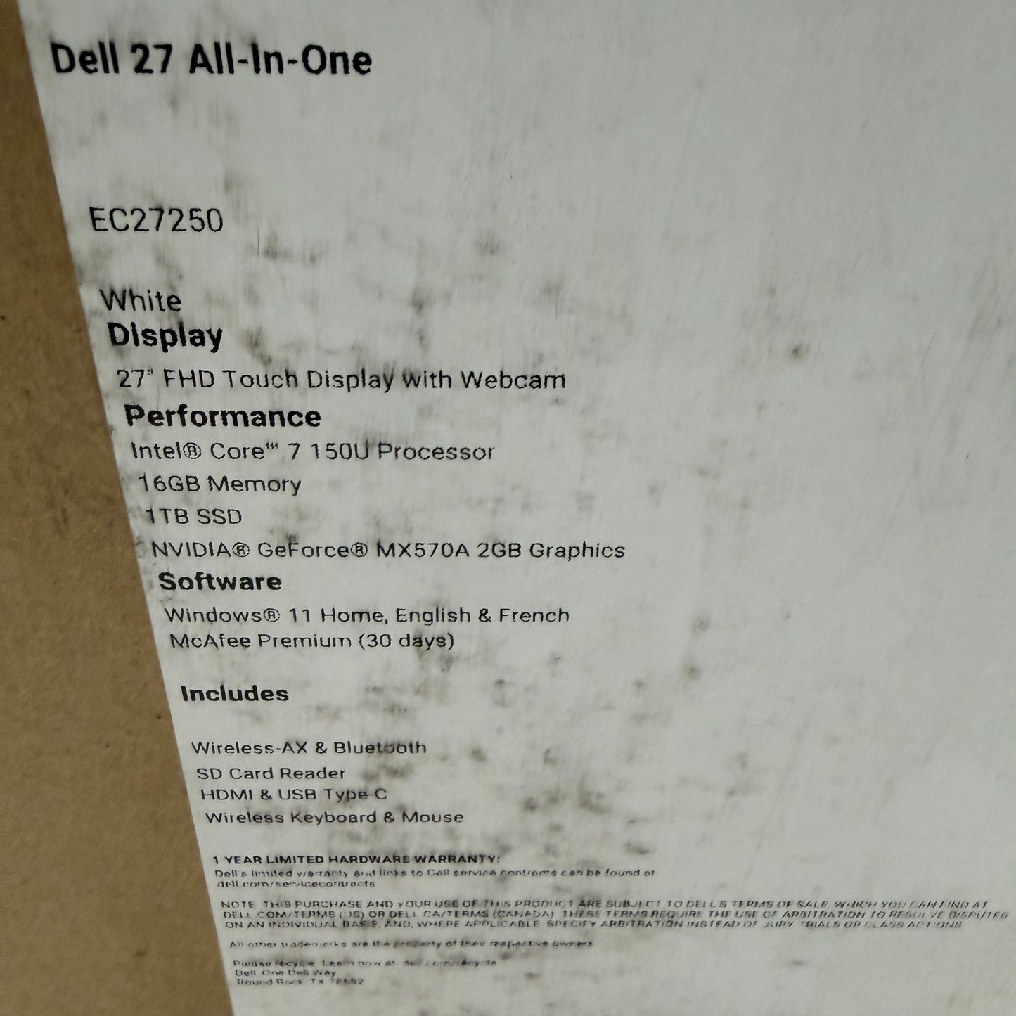 Dell 27 Inch All In One EC27250 Desktop Computer 16GB 1TB Core 7-150U