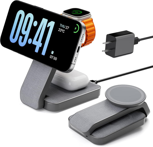 3 in 1 Foldable Wireless Charging Station for MagSafe, Nightstand Magnetic Charger Stand for iPhone 16 15 14 13 Pro Max, Apple Watch/AirPods (Gray)
