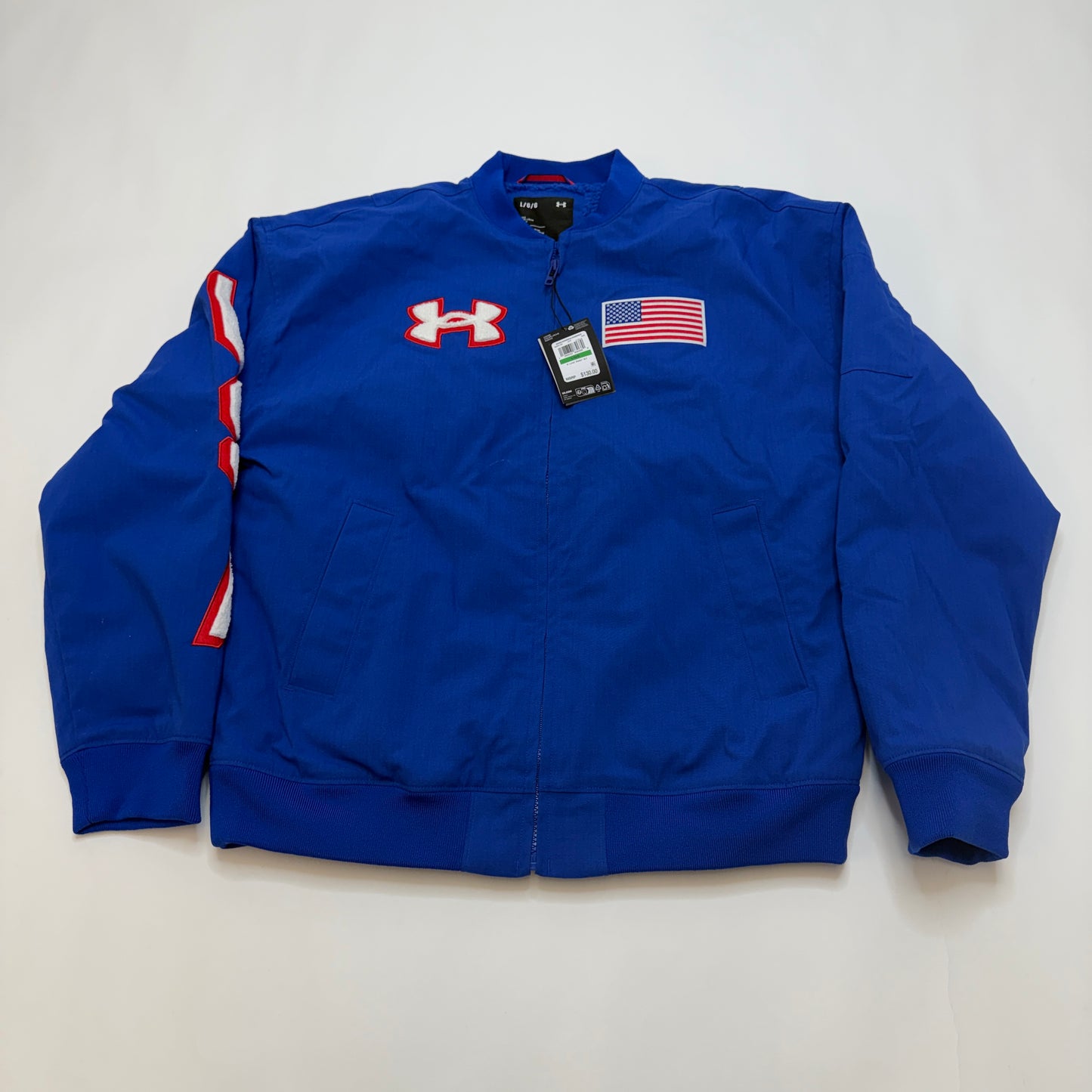 Under Armour Men's Royal Blue Bomber Jacket, Size L, Full Zip, Lined, Flag Patch