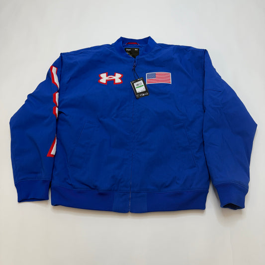 Under Armour Men's Royal Blue Bomber Jacket, Size L, Full Zip, Lined, Flag Patch