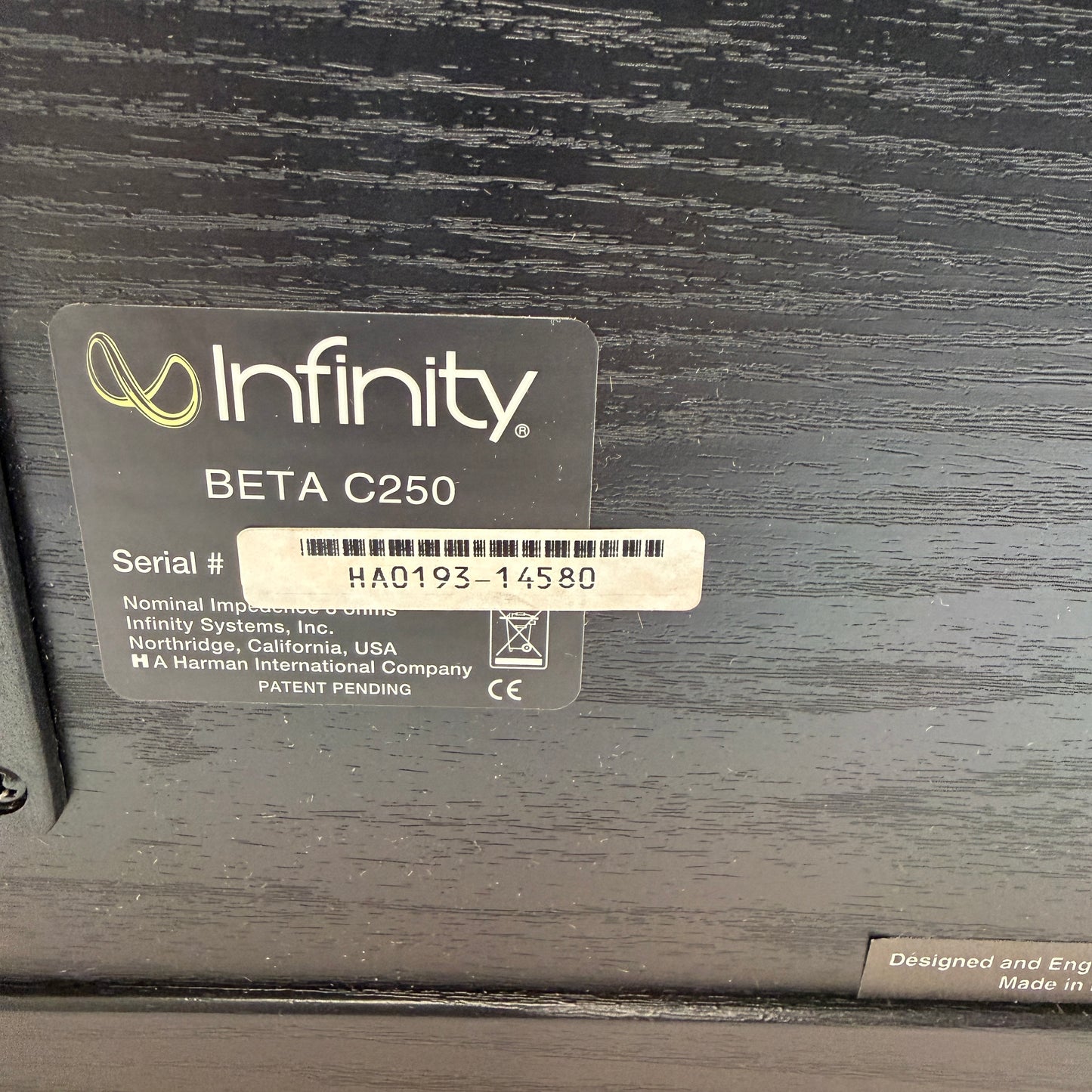 Infinity Beta C250 Center Channel Speaker Black MINTY!!