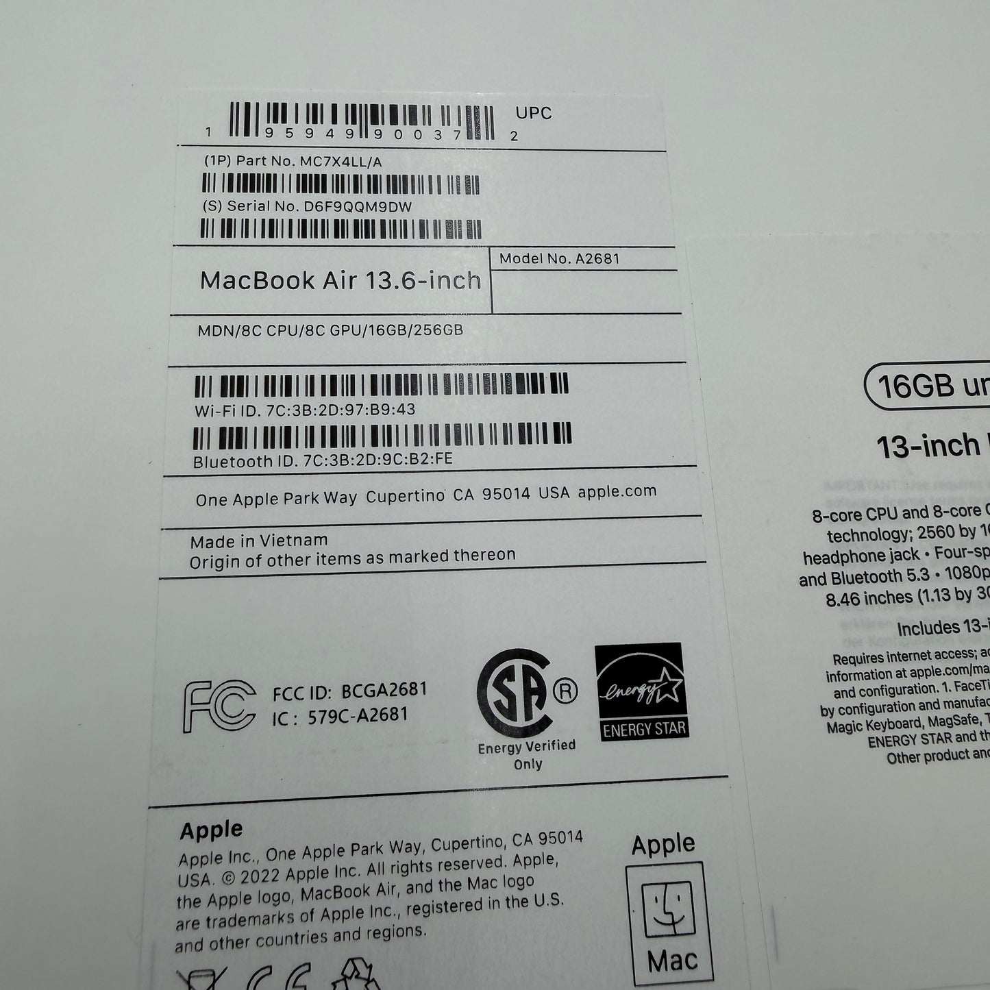 Apple MacBook Air 13-inch M2 A2681 2023 16GB 256GB Midnight 100% Battery
