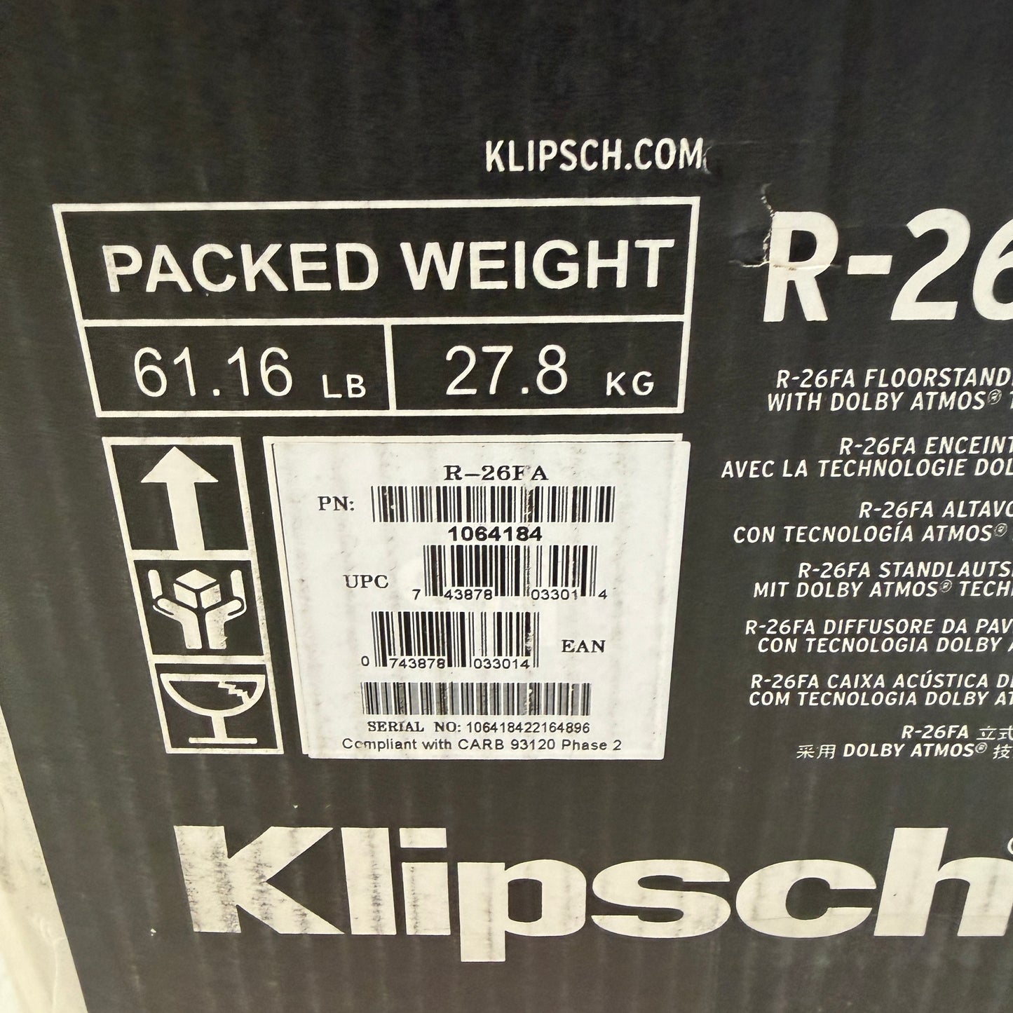 Klipsch R-26FA Floor Standing Speaker Black Used With Box READ