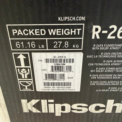 Klipsch R-26FA Floor Standing Speaker Black Used With Box READ