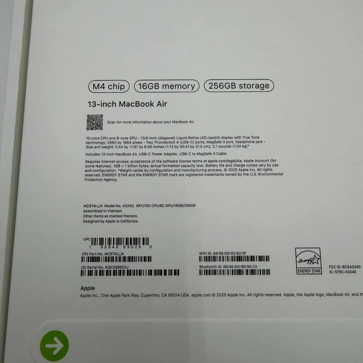 Apple MacBook Air 13" M4 A3240 2025 256GB 16GB Sky Blue New In Box
