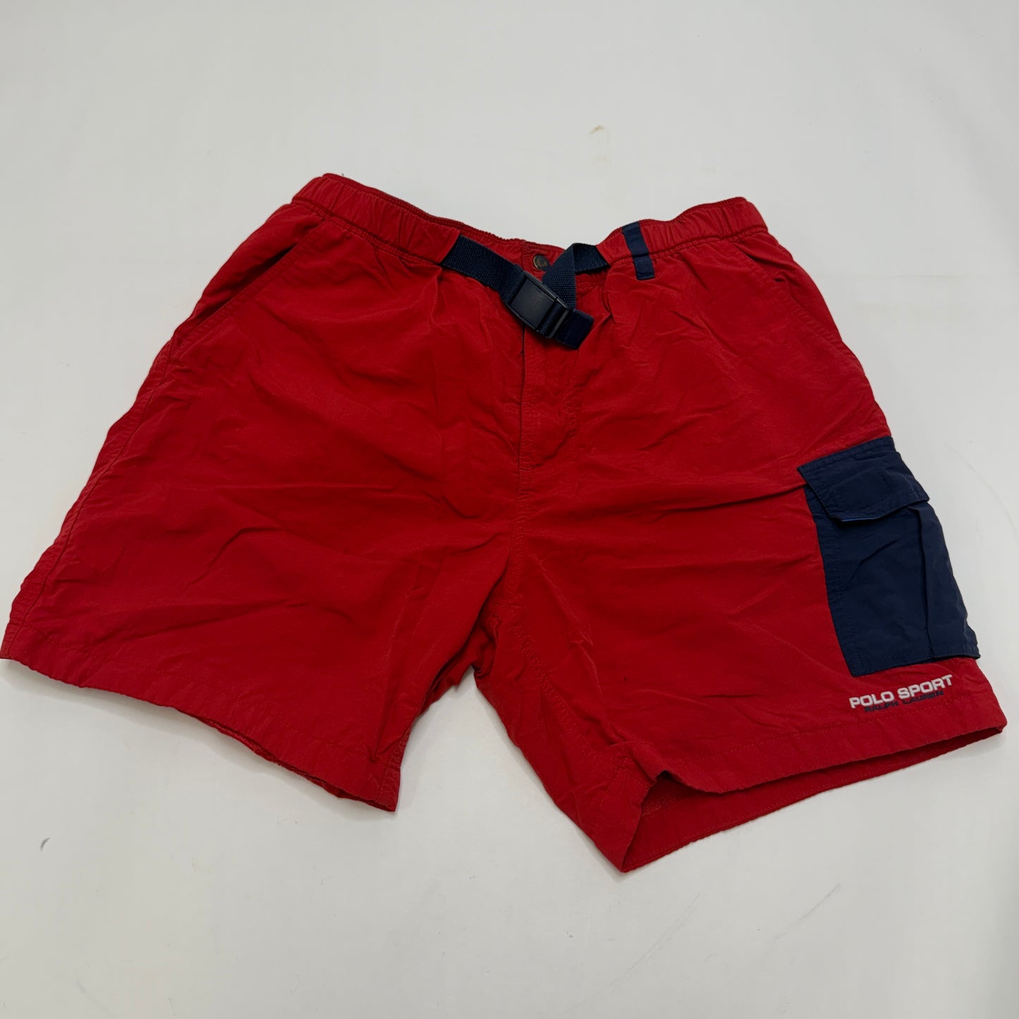 Ralph Lauren Vintage Polo Sport Red Nylon Belted Water Resistant Hiking Cargo Shorts Large