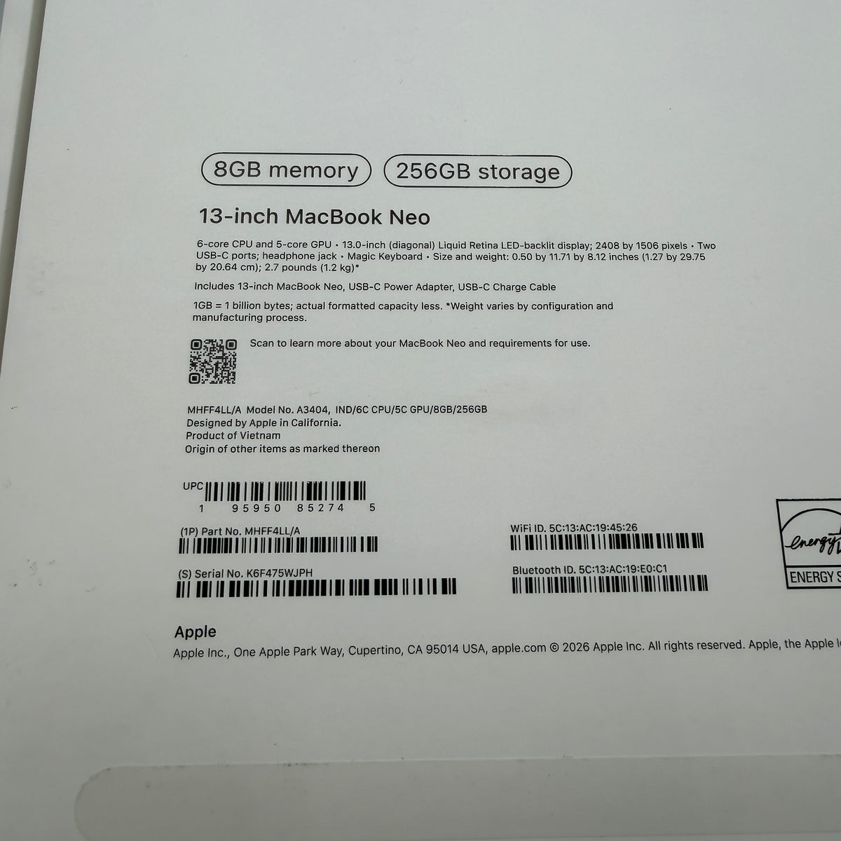 Apple MacBook Neo 13" A3404 2026 Laptop Indigo 8GB 256GB MINTY