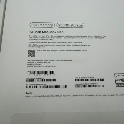 Apple MacBook Neo 13" A3404 2026 Laptop Indigo 8GB 256GB MINTY