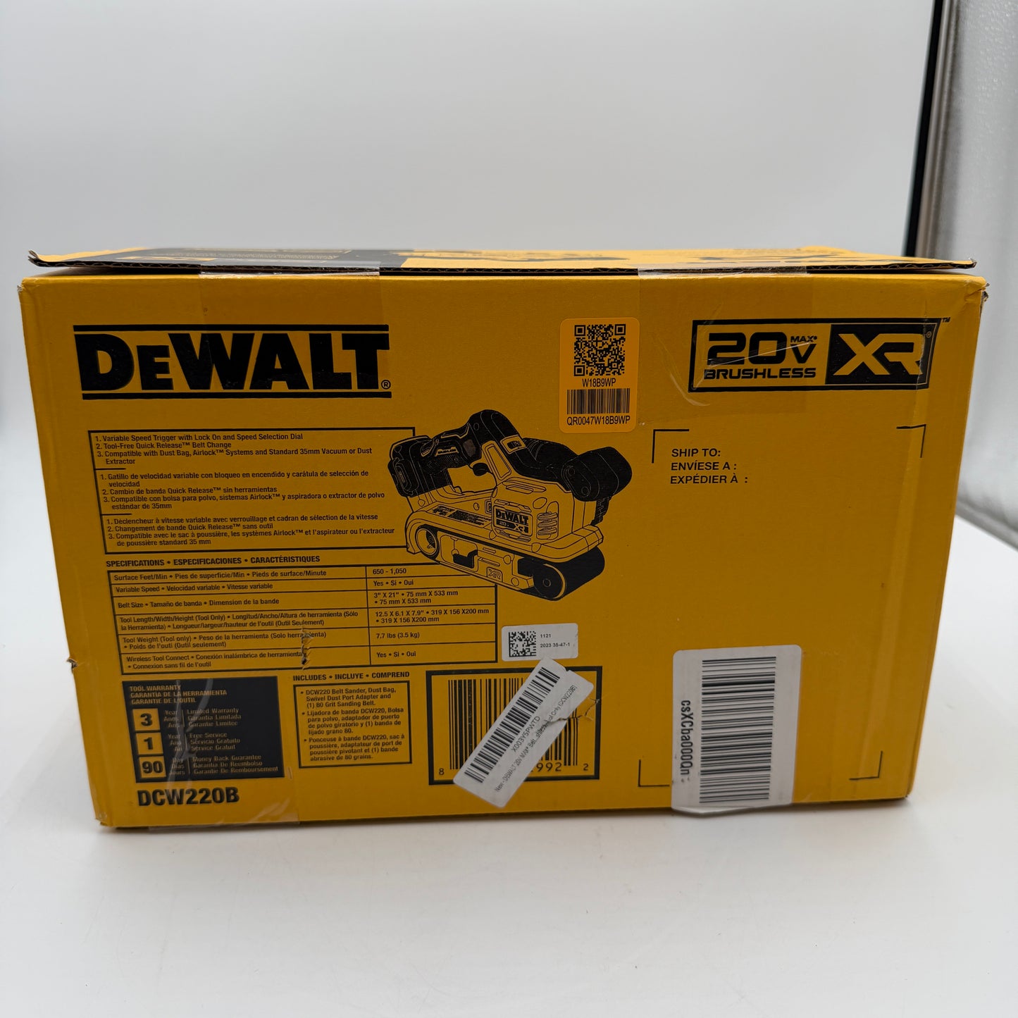 DeWalt DCW220B 20-Volt Cordless Belt Sander Tool-Only Black New In Box