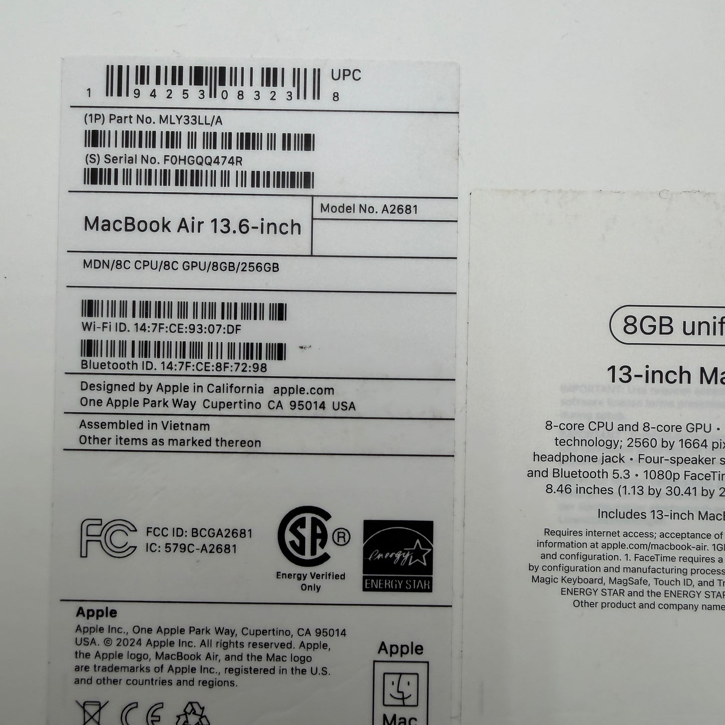 Apple MacBook Air 13-inch M2 A2681 2023 8GB 256GB 100% Batt Black