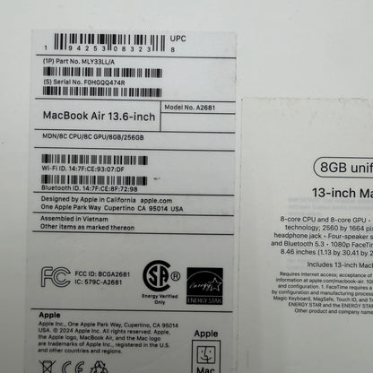 Apple MacBook Air 13-inch M2 A2681 2023 8GB 256GB 100% Batt Black