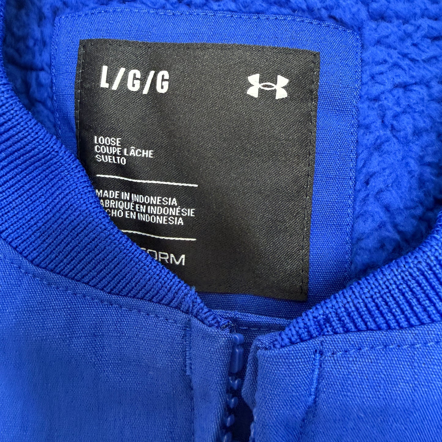Under Armour Men's Royal Blue Bomber Jacket, Size L, Full Zip, Lined, Flag Patch