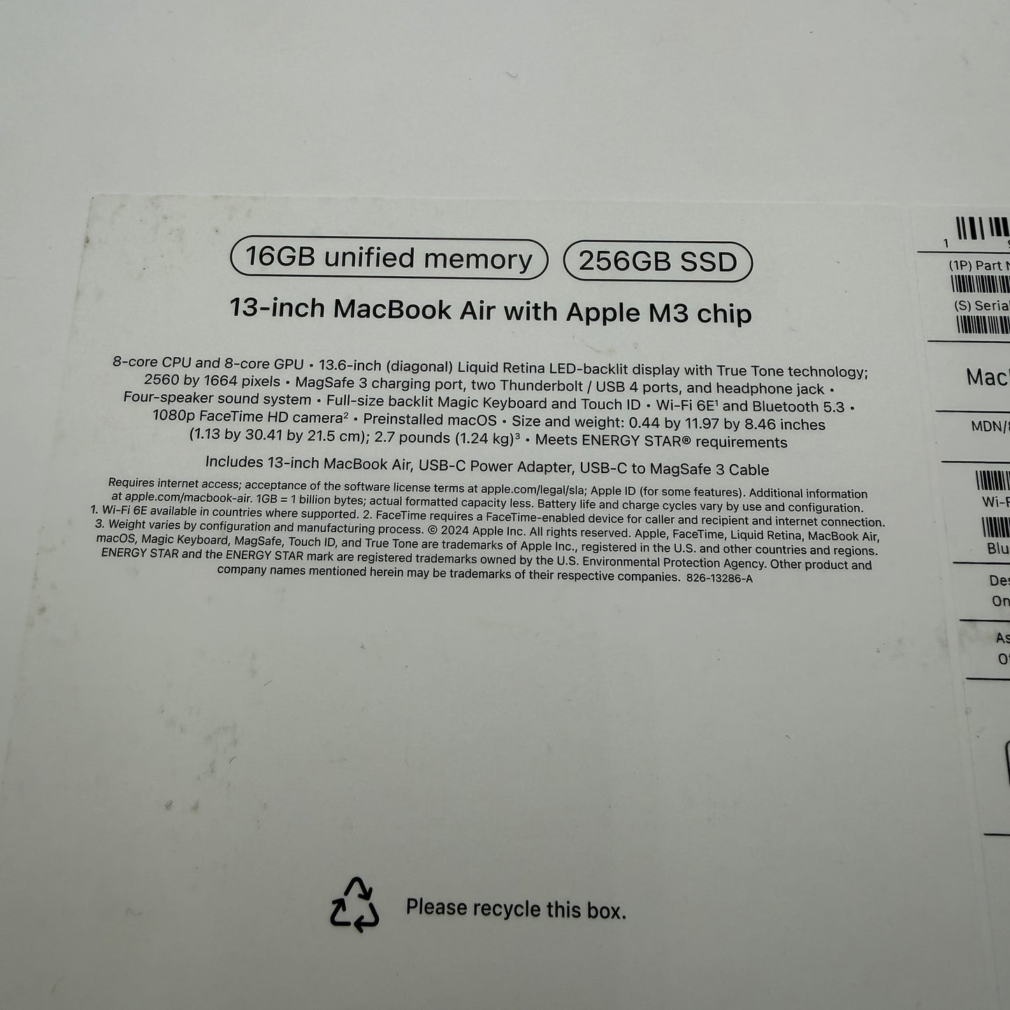 Apple MacBook Air 13-inch M3 A3113 2024 16GB 256GB 100% Bat