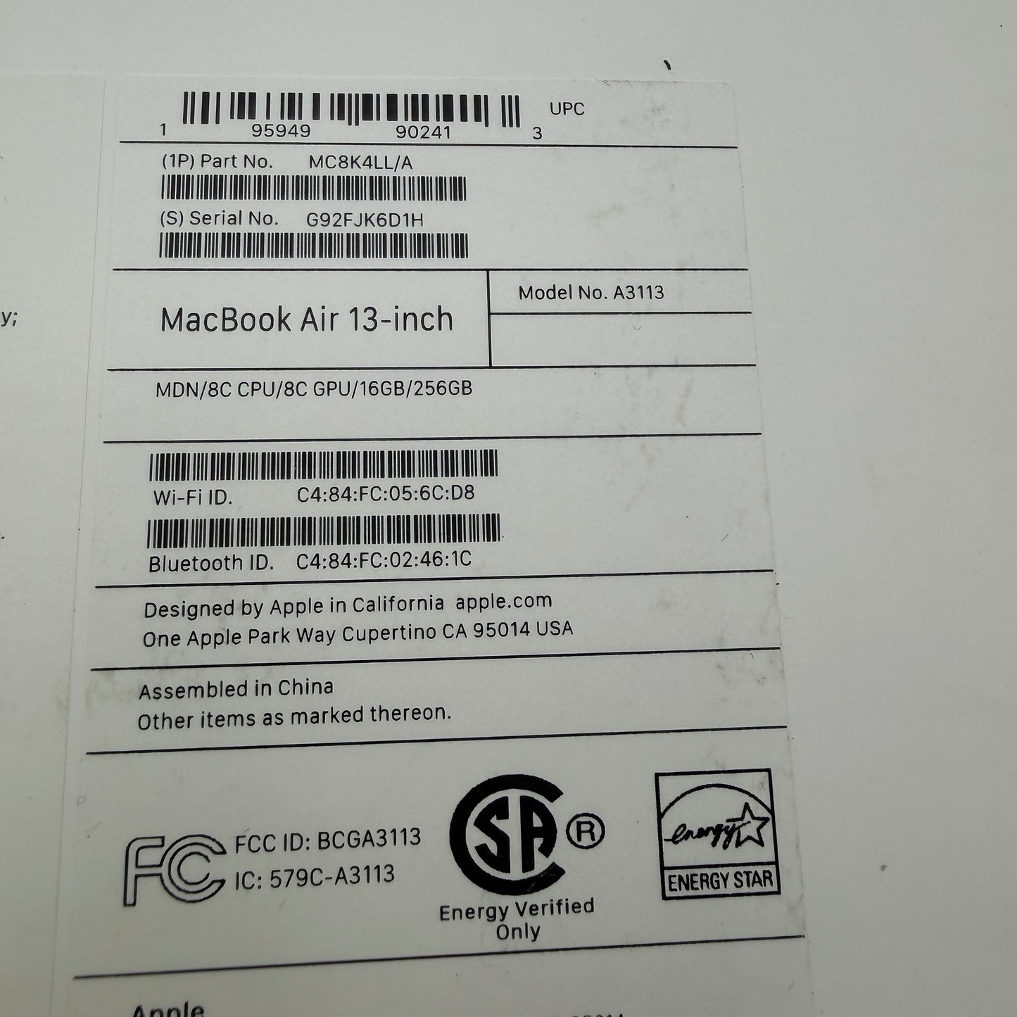 Apple MacBook Air 13-inch M3 A3113 2024 16GB 256GB 100% Bat