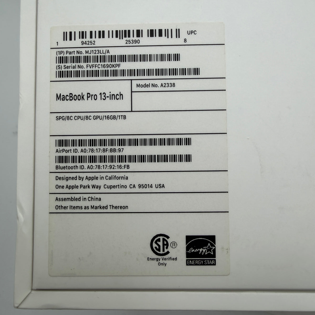Apple MacBook Pro 13" A2338 2020 M1 16GB RAM 1TB SSD Space Gray