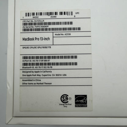 Apple MacBook Pro 13" A2338 2020 M1 16GB RAM 1TB SSD Space Gray