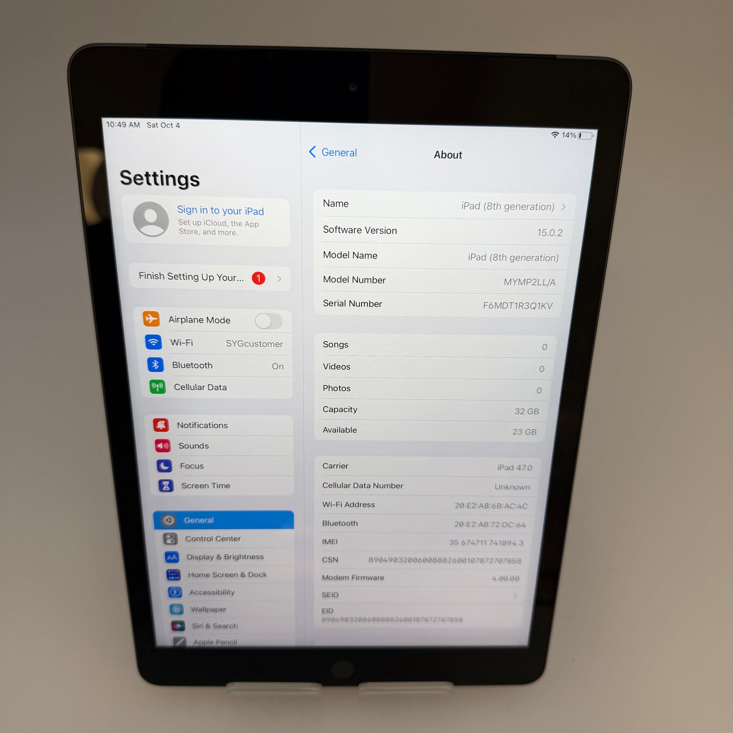 Apple iPad (8th Gen) A2428 2020 32GB Space Gray WiFi Used - B