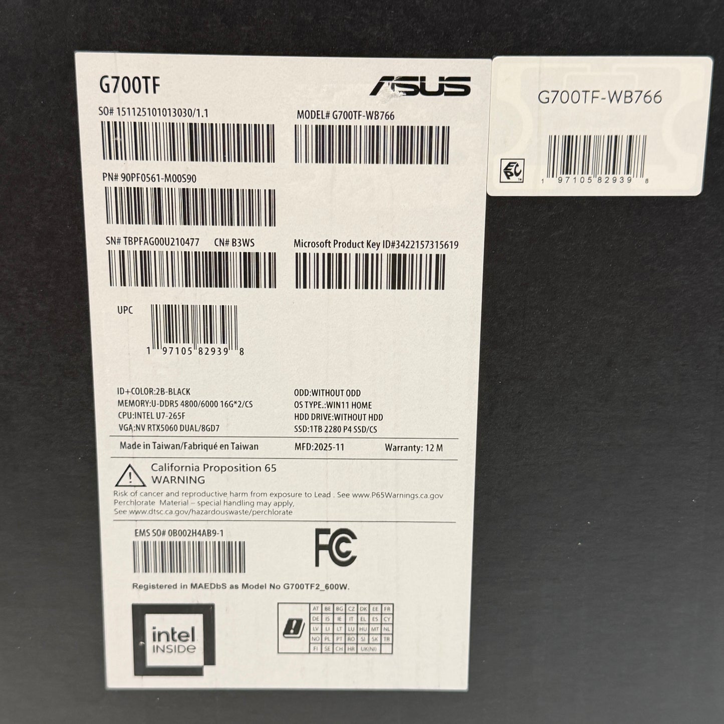 Asus ROG G700TF Desktop Liquid Cooled Intel Core Ultra 7 265F 32GB 1TB