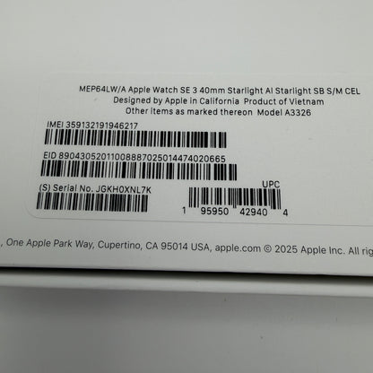 Apple Watch SE 3 Cellular A3326 2025 40mm Gold Starlight GPS + Cellular