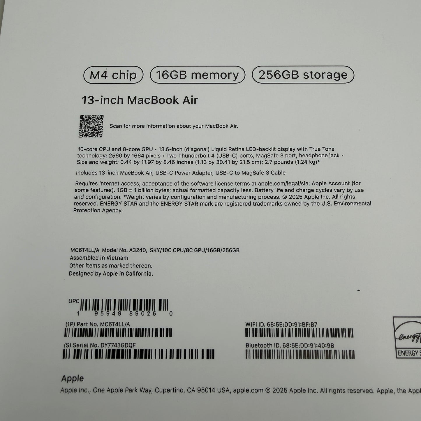 Apple MacBook Air 13 inch M4 A3240 2025 256GB 16GB Sky Blue New In Box