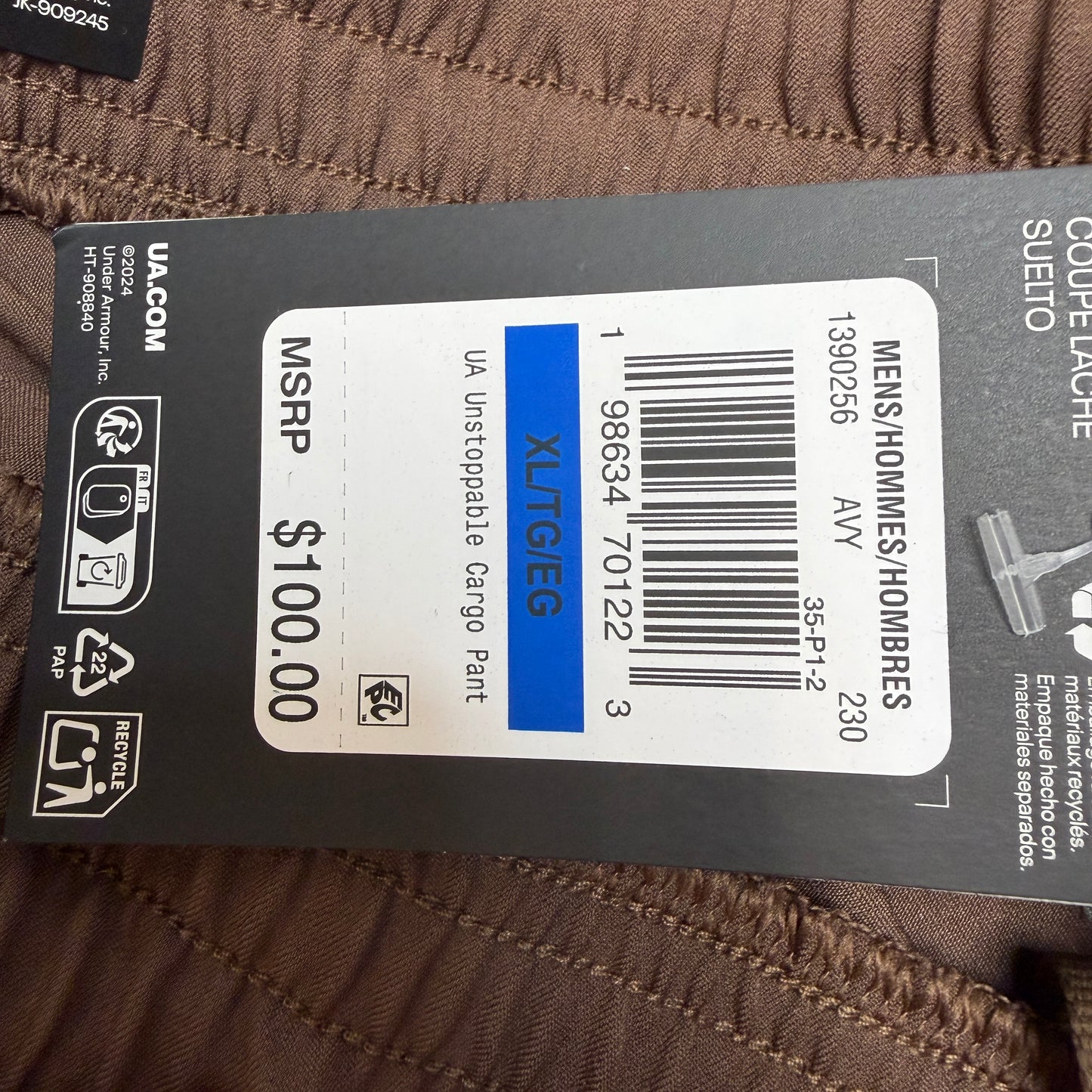 Under Armour Unstoppable Men's Cargo Pants XL Brown Loose Fit Zip Pocket Woven